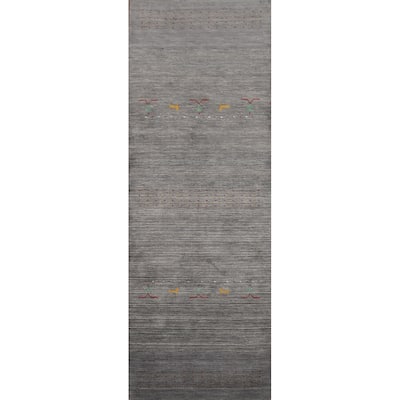 Gray Gabbeh Runner Rug Hand-Knotted Wool Carpet - 2'8"x 9'6"