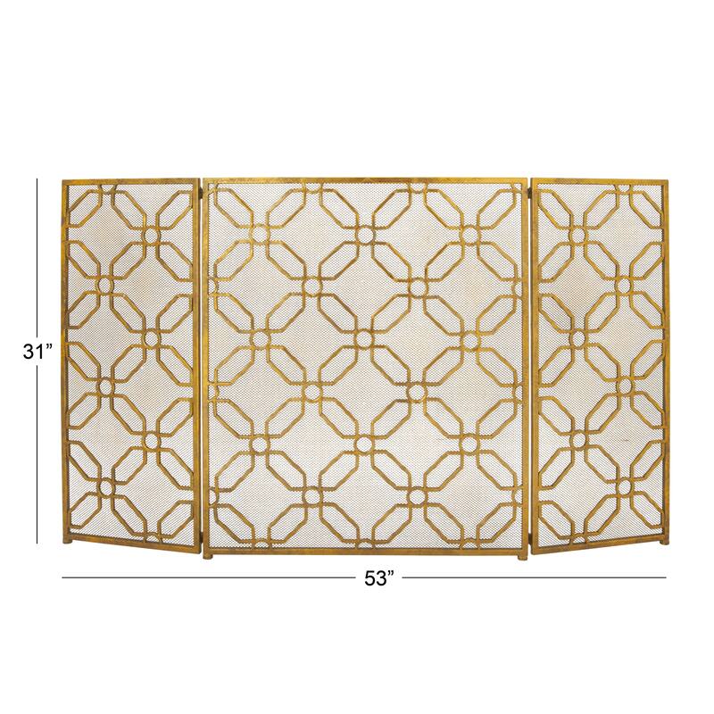 Gold Metal Foldable Mesh Netting 3 Panel Geometric Fireplace Screen