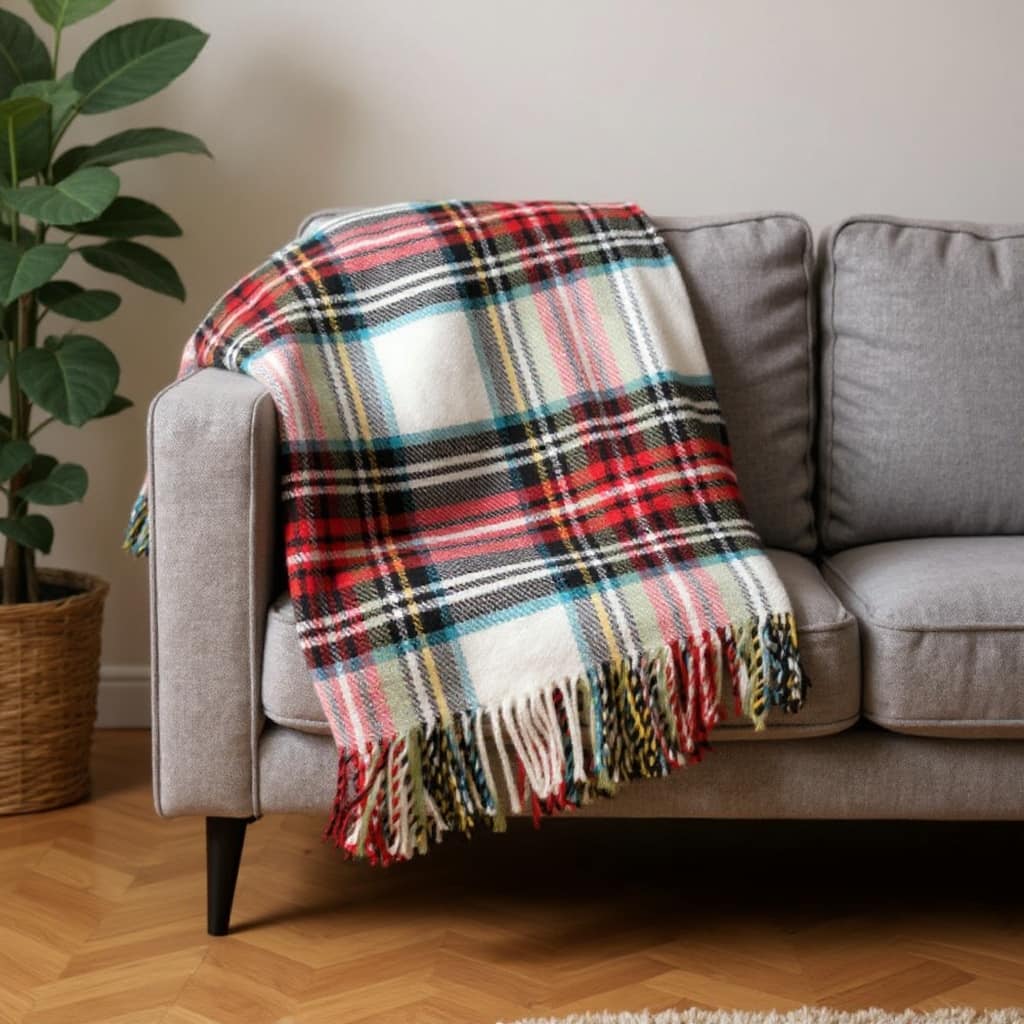 HomeRoots 50" X 67" Red Black And White Cotton Blend Plaid Throw Blanket with Fringe