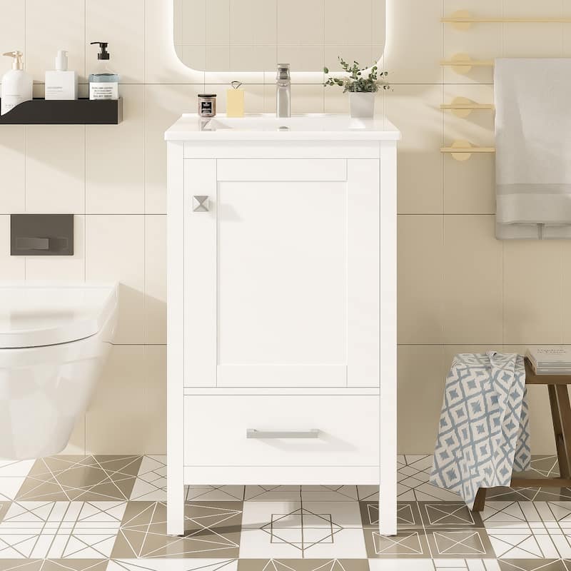 Roomfitters 20" Modern Bathroom Vanity with Ceramic Sink, Soft-Close Drawer and Door, Divider Drawer, Storage Rack - White