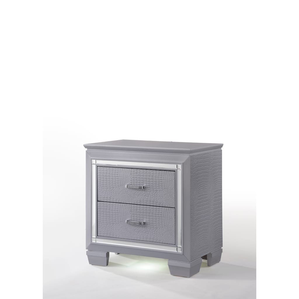 1pc Modern Two Drawer LED Lights Beveled Mirror Accents Chrome Finish Hardware Faux Crystal Accent Silver Finish