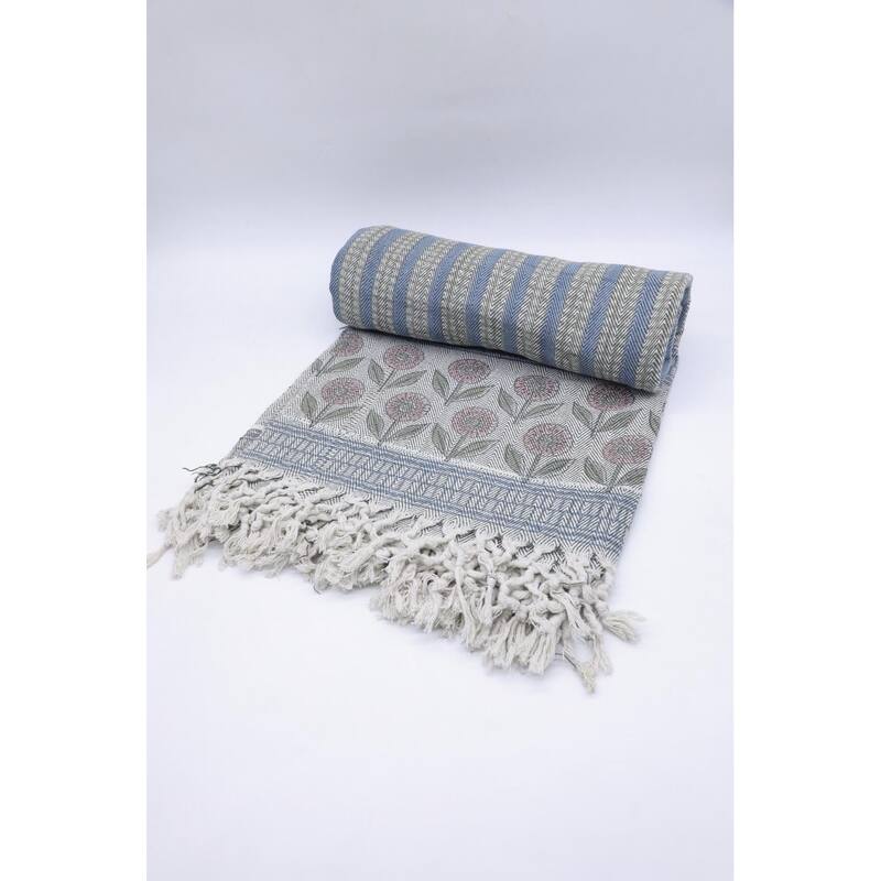 Fabdivine Choco Chips Handwoven 100% Cotton Throw Blanket - Floral Block Print Decorative Sofa & Bed Throw with Fringe, 90"x54"