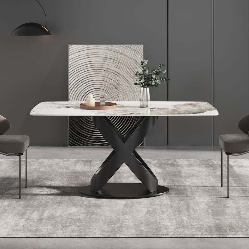 63"Antique White Sintered Stone Table with X Shape Legs