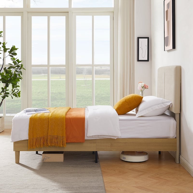 VECELO Wood Frame Upholstered Kids Bed With Headboard,Twin Size Bed Set of 2