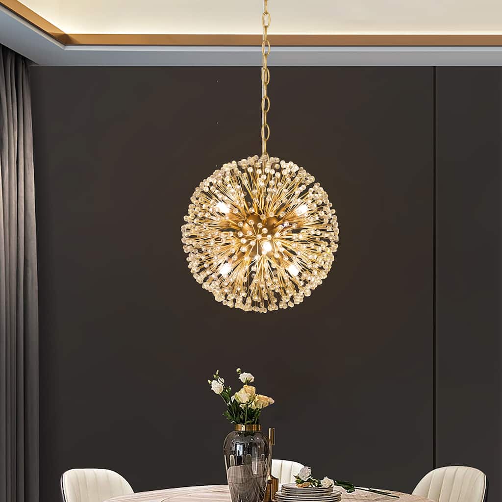 Kenira Mid-Century Modern Glam 6-Light Globe Starburst Chandelier Crystal Foyer Pendant Lights