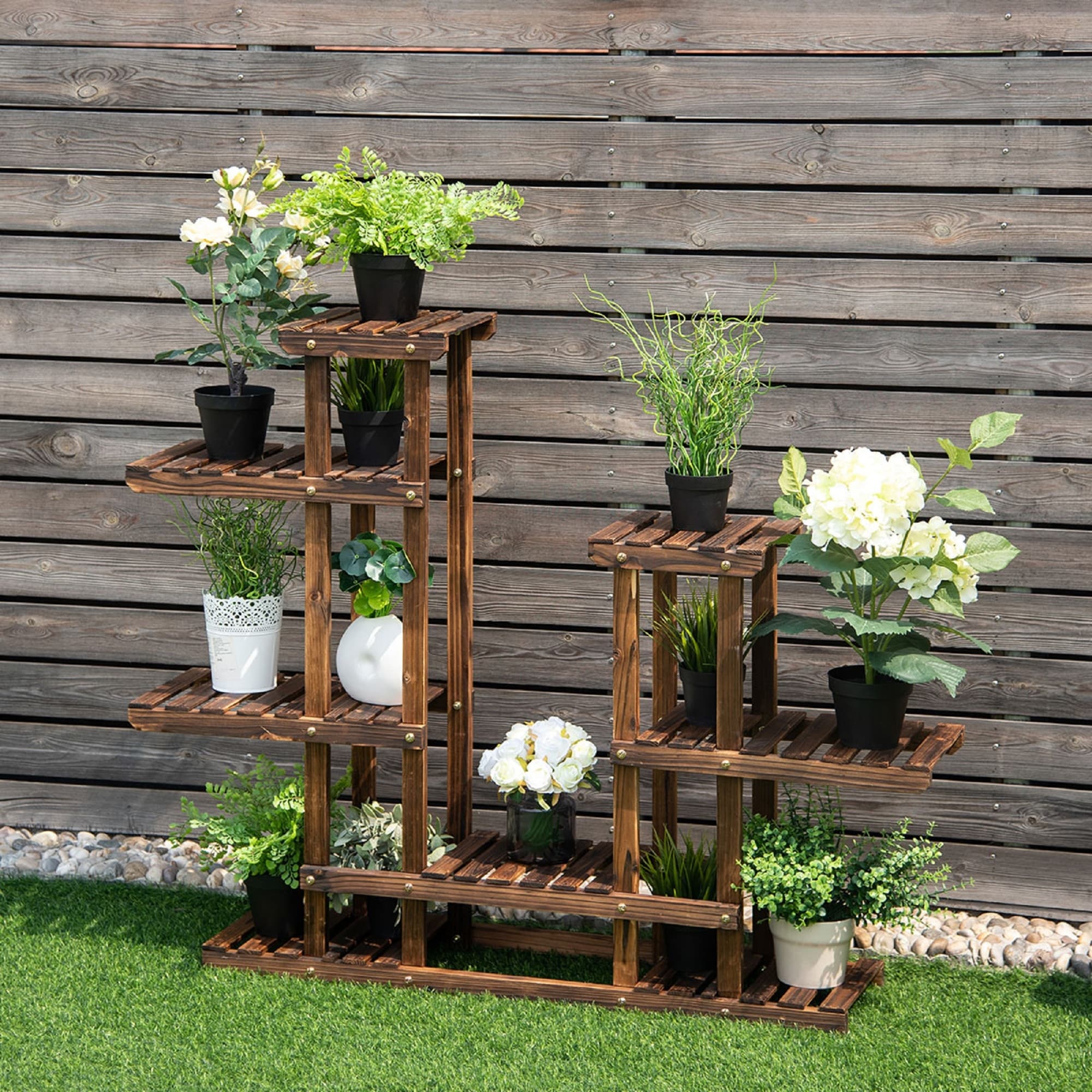 花台　Ｂ 6 Wood Shelves 13 Pots Flower Rack Wood Plant Stand - Bed Bath