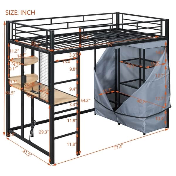 dimension image slide 3 of 4, Modern Loft Bed with Desk & Wardrobe, Metal Loft Bed Frame with Shelves, USB Power Outlet, LED Light, for Kids Teens Adults
