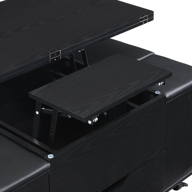 Lift-Top Coffee Table with Hidden Storage and Stools,Multi-Function Modern Center Table with 4 Stools and Casters