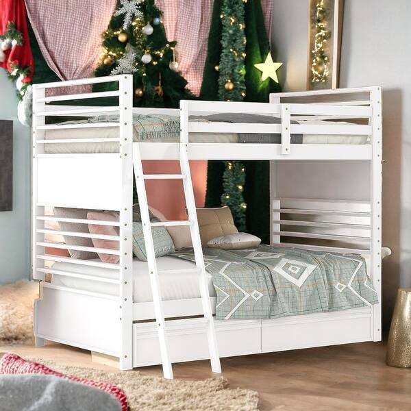 slide 2 of 60, Twin over Twin Wood Bunk Bed with Built-in Ladder and 2 Drawers White