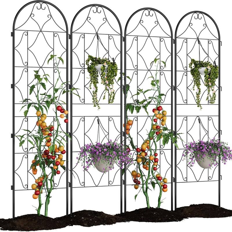 2-Pack Metal Garden Trellis for Climbing Plants Rust-Proof Panels with Scroll Design for Vines Roses and Tomatoes Black - 4PCS