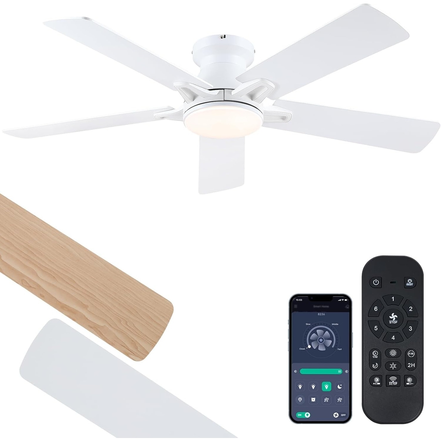 46/52-Inch Low Profile Flush Mount Ceiling Fan with LED Light and Remote, 5 Dual-Finish Blades, Quiet Reversible DC Motor