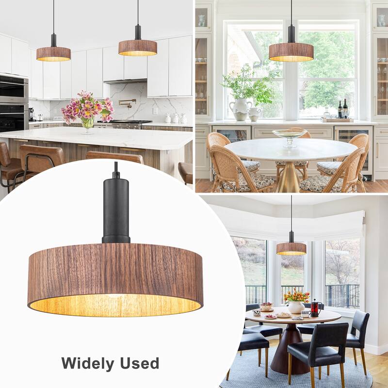 Modern Matte Black Pendant Light with Wood Shade Kitchen Fixture - Dia.12-in
