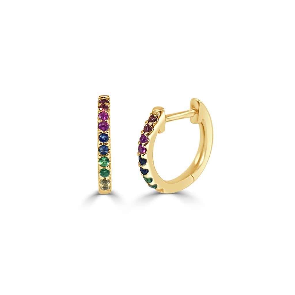 Joelle Collection Multi Sapphire Huggie Earring - 14K Gold Earrings U-Shaped Hoops With Rainbow Sapphires