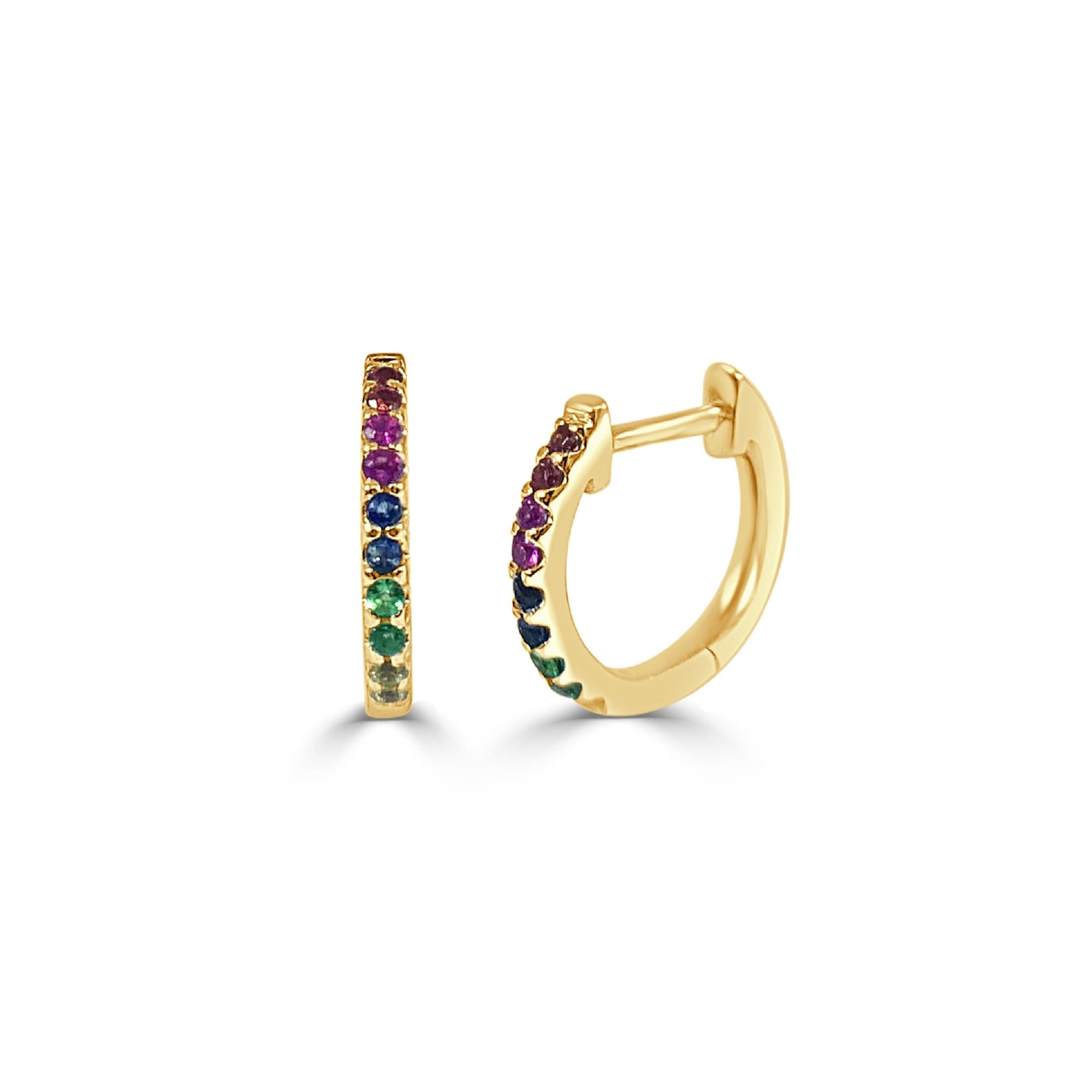 Joelle Collection Multi Sapphire Huggie Earring - 14K Gold Earrings U-Shaped Hoops With Rainbow Sapphires