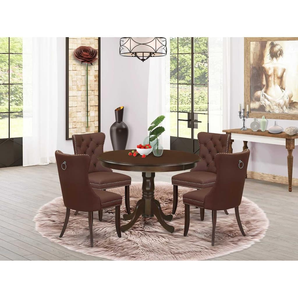 NeoClassical 5 Piece Dinette Set - Round Kitchen Table & 4 Burgundy Parson Chairs - Mahogany Finish