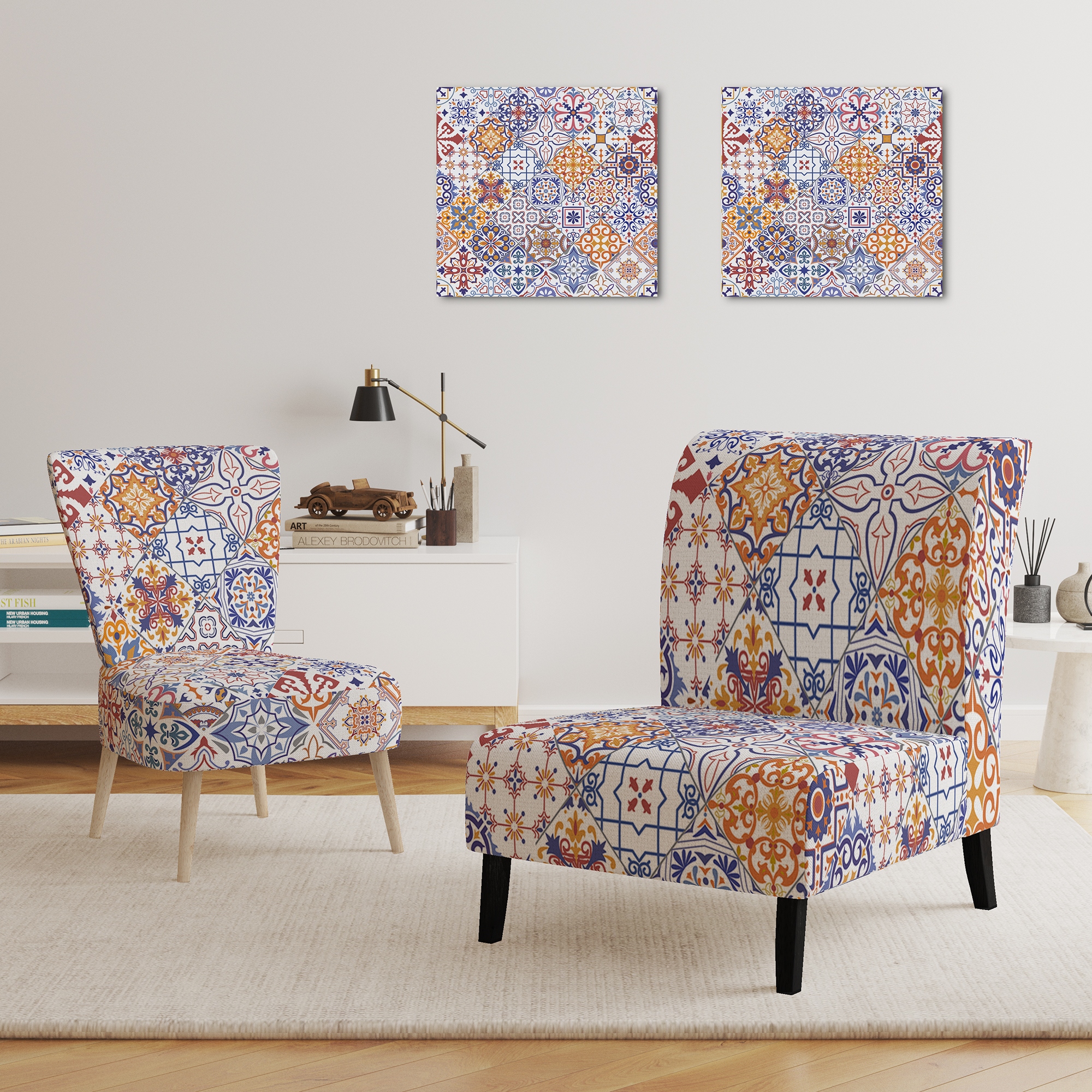 Designart Blue and Gold Ethnic Patchwork Upholstered Patterned Accent Chair and Arm Chair Side Chair
