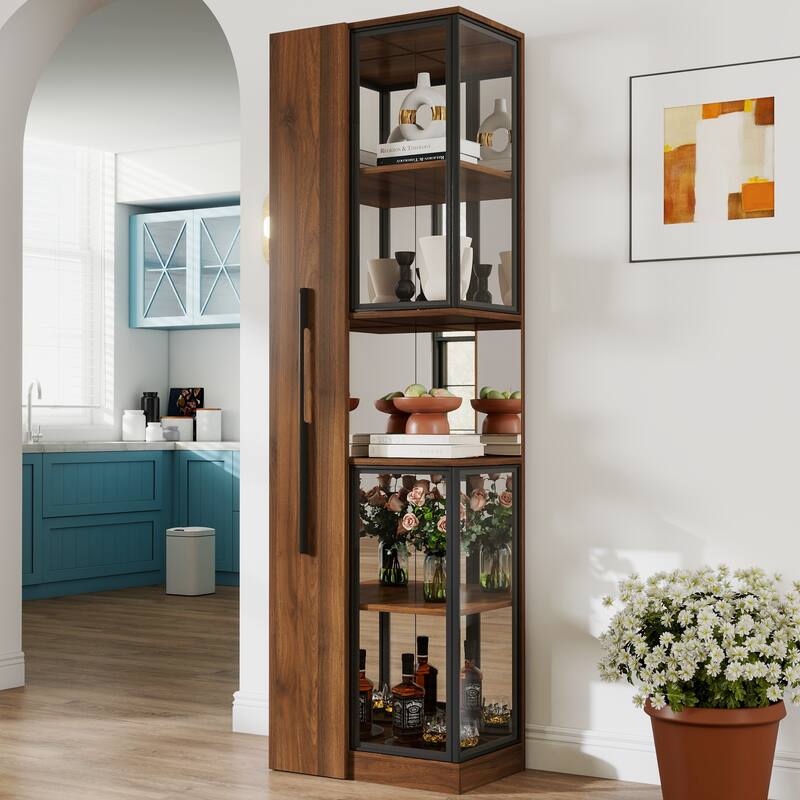 70" Display Cabinet with Glass Doors and Lights, with multi-functional pull-out multi-tier storage shelf