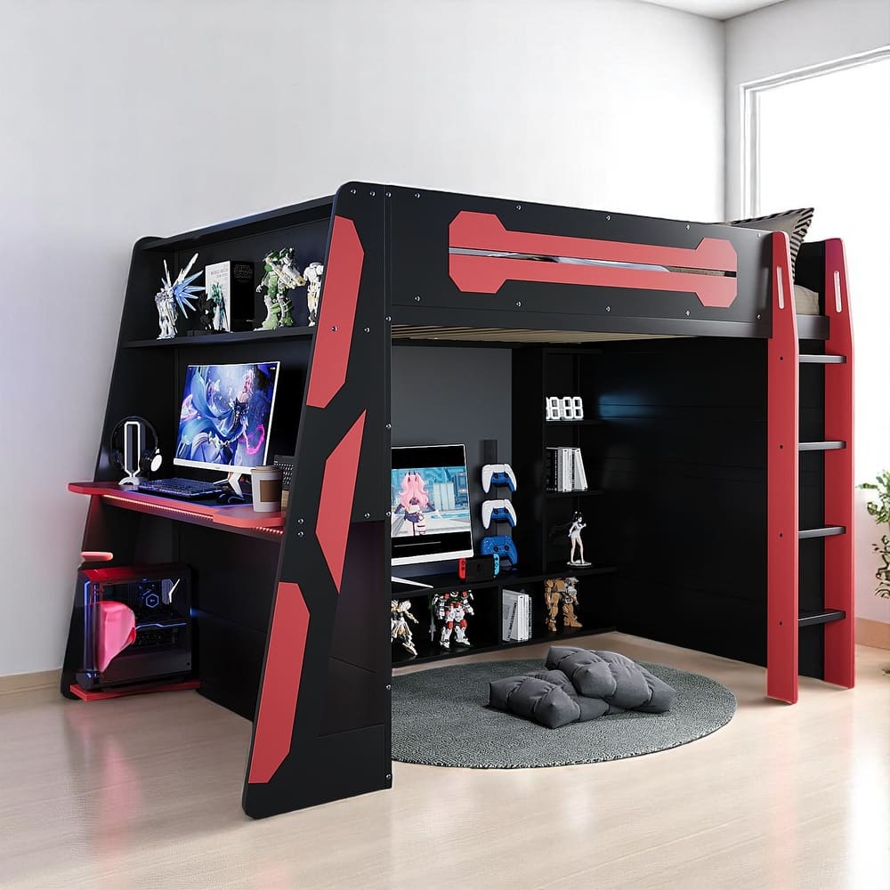 Full Size Gaming Loft Bed with Storage Shelves, Built-in Desk and RGB Light, Sturdy Wood Construction
