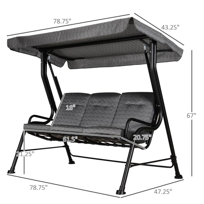 3-Seat Patio Swing, Adjustable Canopy, Thick Cushion, Steel Frame