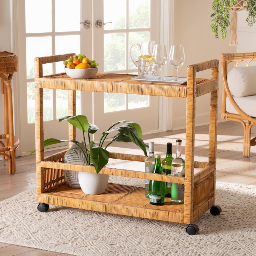 Genet Modern Bohemian Natural Brown Rattan and Teak Wood 2-Tier Kitchen Cart