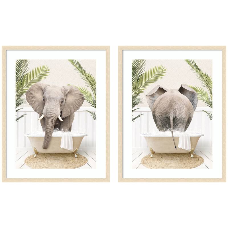 Kate and Laurel Elephant Palm Bathtub 2 Piece Framed Wall Art Print Set by Amy Peterson - 2 Piece Set 26x33 - Natural