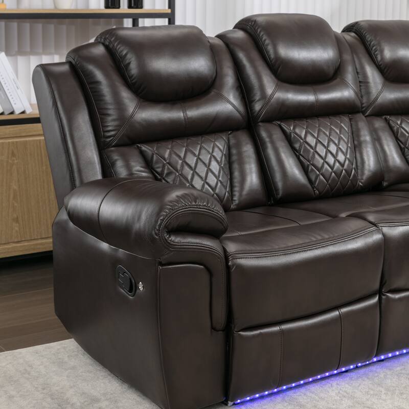 Home Theater Seating Manual Recliner Chair with Center Console and LED Light Strip for Living Room, Black