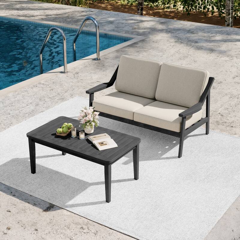 2-piece Brown/ Black Teak Cushioned Patio Loveseat Set with Coffee Table