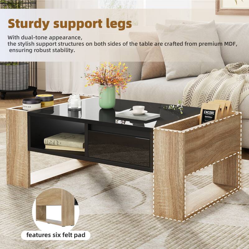 High Glossy Coffee Table Lounges Center Table with 2 Drawers, Storage Legs, Rectangle Wood Cocktail Table for Living Rooms