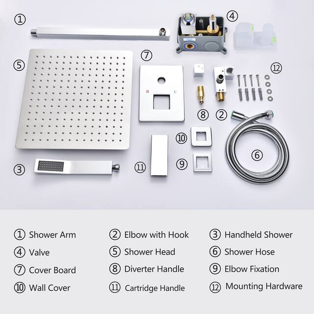 12-inch Square Rainfall Shower Head With Two Modes