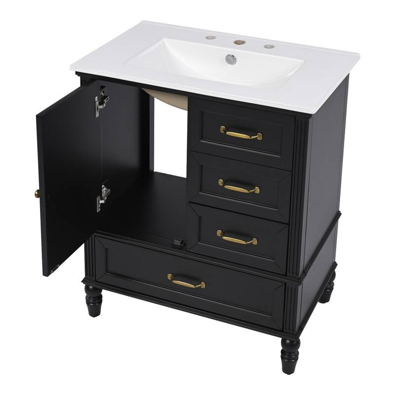 30" Bathroom Vanity with Ceramic Sink Combo, Freestanding Bathroom Vanity Cabinet with 1 Door and 3 Storage Drawers