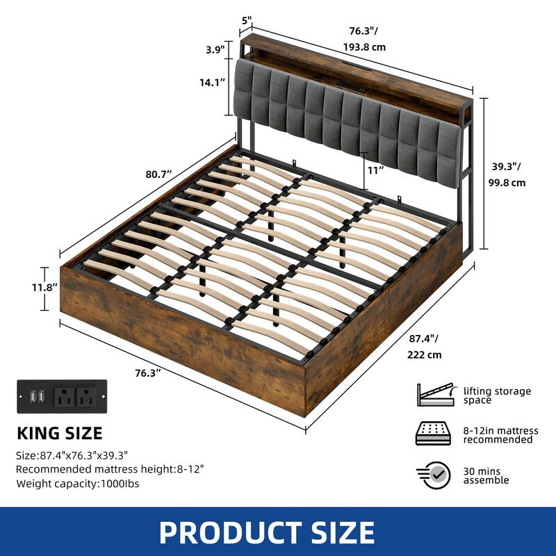 Moasis Lift-Up Storage Bed Frame with Charging Station & Storage Headboard