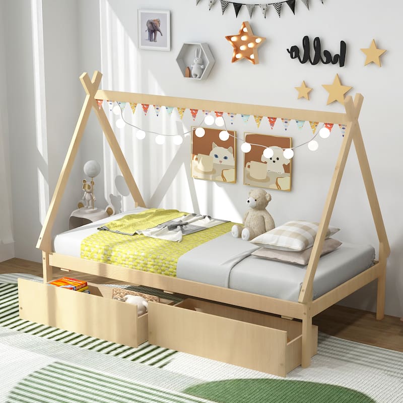 Kids Twin Size Wooden House-Shaped Platform Bed with Storage Drawers for Boys and Girls
