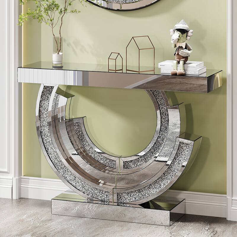3C Shaped Crushed Diamond Hallway Table, Mirrored Centre Table Console Table Accent Table for Living Room