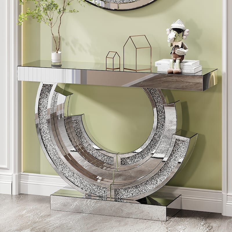 Silver Curved Mirrored Accent Table 3C Shaped Console Table with Shiny Acrylic Diamond Inlay for Living Room, Bedroom, Hallway