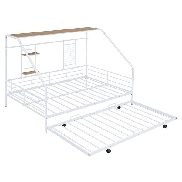 slide 2 of 14, Full Size Metal House Bed with Trundle, Built-in Shelf and Grid, White White - Full