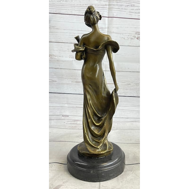 Girl Holding Vase Bronze Statue Sculpture Figure Marble Base French Art 13 Inches X 5 Inches