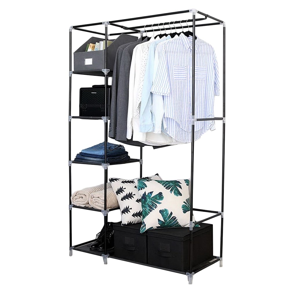 64 Portable Closet Storage Organizer Wardrobe Clothes Rack With Shelves Black Overstock 31117431