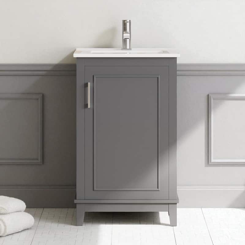 20" Bathroom Vanity with Ceramic Sink Small Freestanding Cabinet Soft Close Door and Storage Shelves - Grey