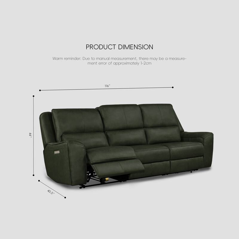 116" W Top Grain Leather Triple-Power Oversized Width Seat Sofa with Ajustable Headrest, USB & USB-C Charging
