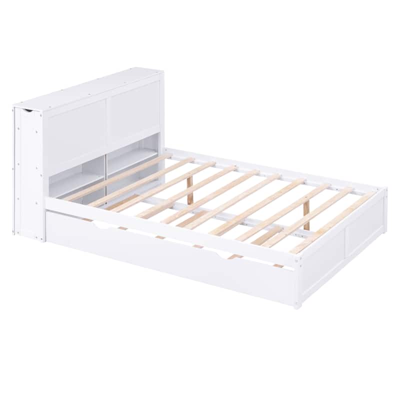 White Full Size Platform Bed with Twin Trundle and Pull-Out Storage Shelves