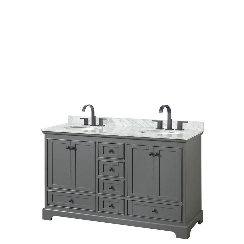 Deborah 60-inch Dark Gray Double Vanity, Oval Sinks, No Mirrors - Dark Gray, Black Trim, White Carrara Marble Top
