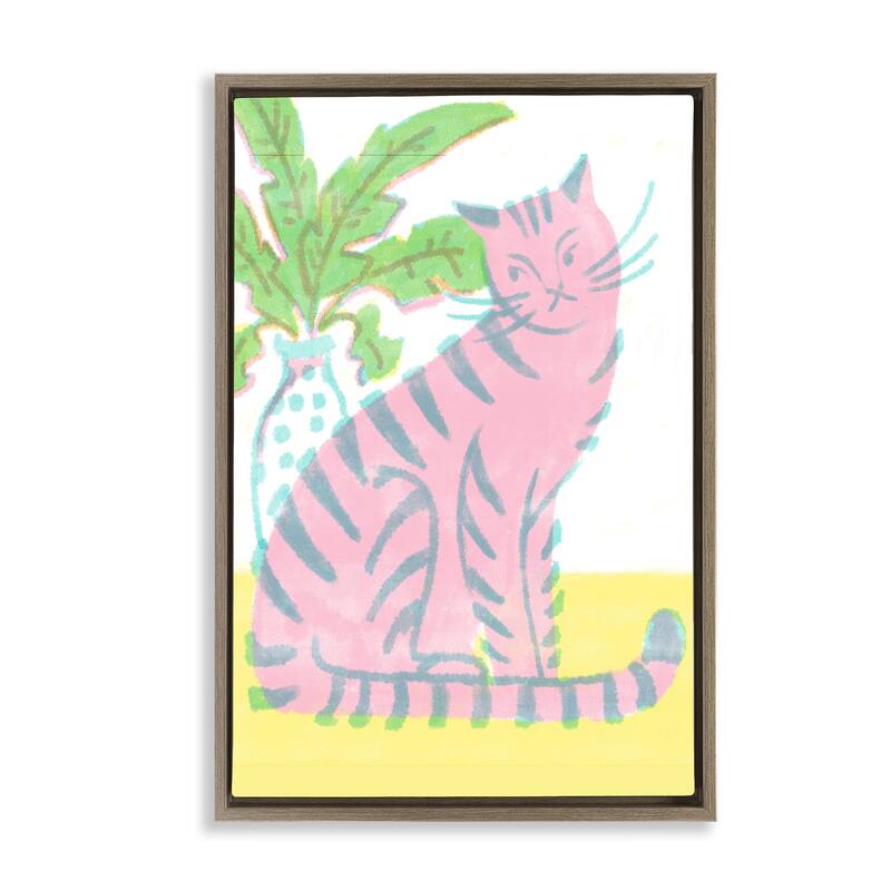 Stupell Modern Pink Cat & Plant Framed Floater Canvas Wall Art Design By Hannah Moren - 21 x 31 - Brown