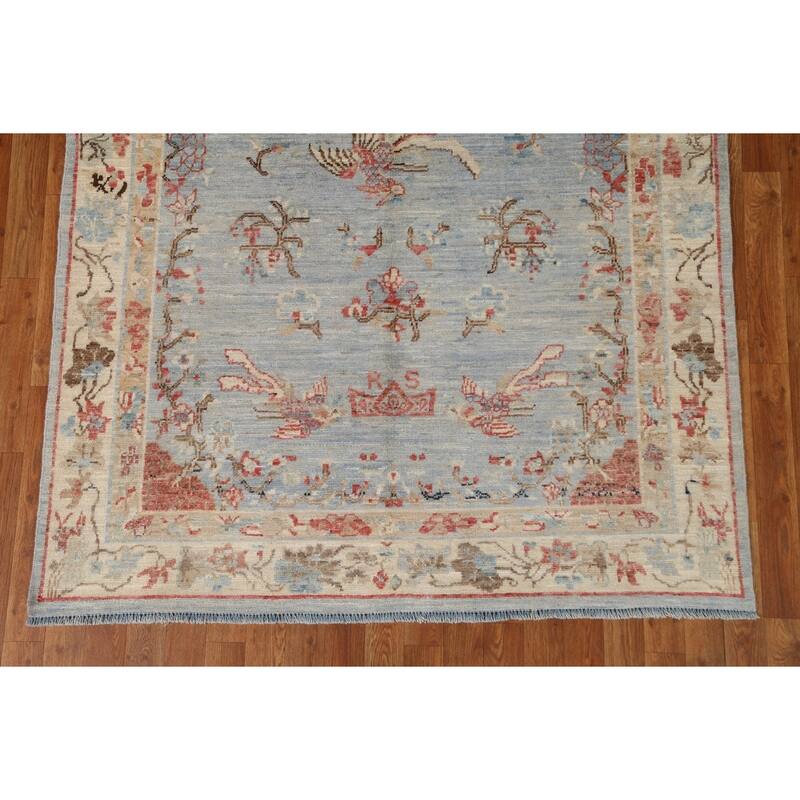 Hand Knotted Oriental 100% Wool Carpet Transitional Floral Navy Blue & Blues Oushak Area Rug - 6' 11'' X 4' 11''