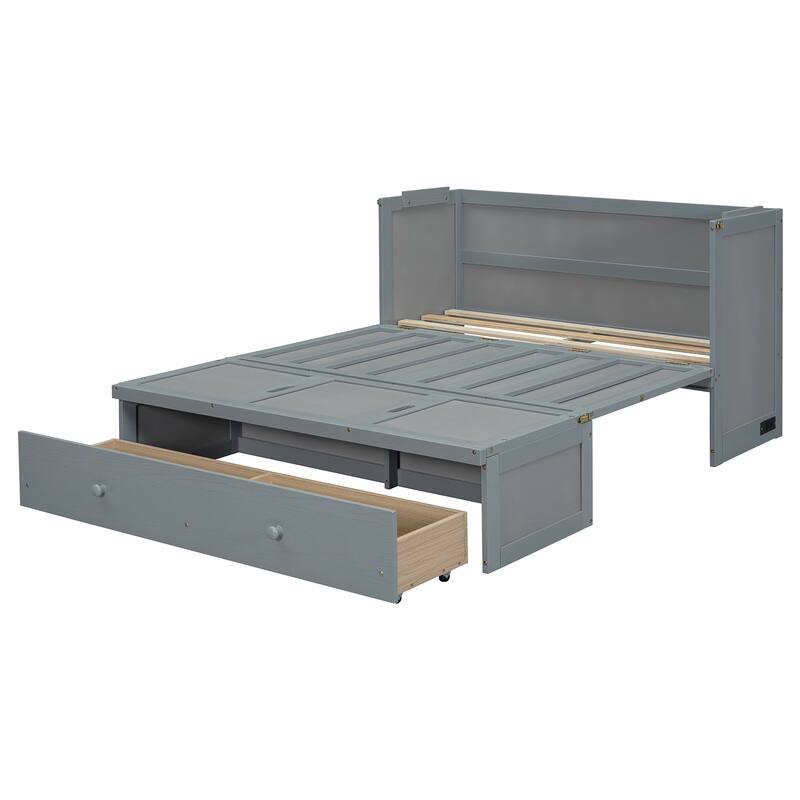 Wood Murphy Chest Bed Frame with Drawer and Charging Station, Space Saving Hidden Folding Cabinet Bed