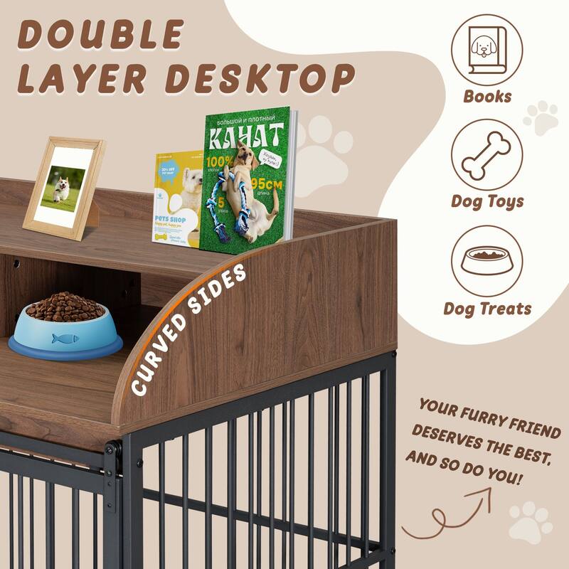 44" Heavy Duty Dog Crate Furniture with Lockable Wheels, Storage & Sliding Door for Medium to Large Dogs