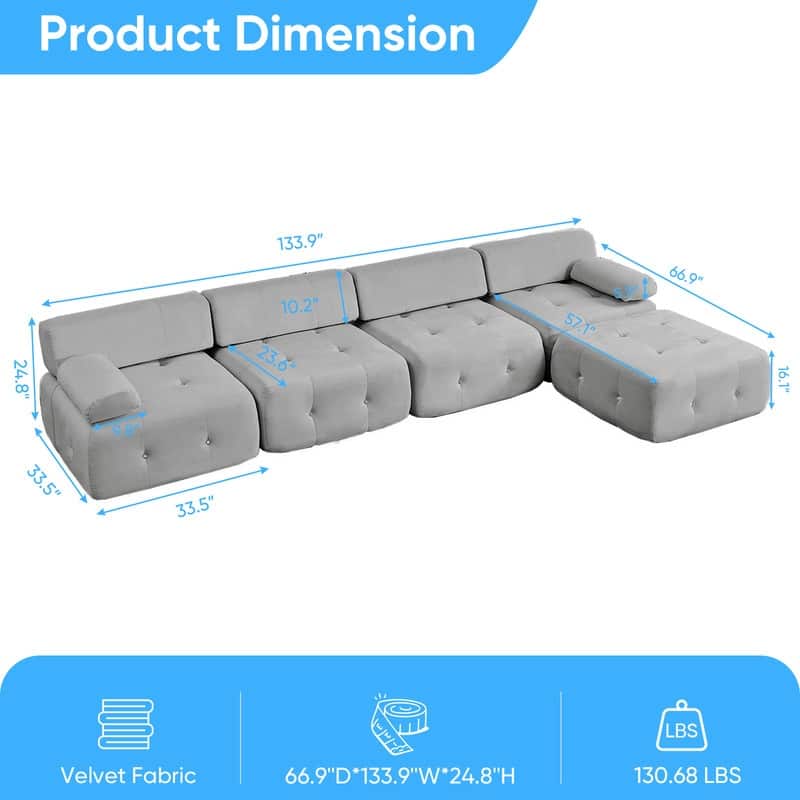 Mixoy 134inch Modular Sectional Sofa with Ottoman,Velvet L-Shaped Couch Indoor for Living Room - 133.9"w x 66.9"D x 24.8"H