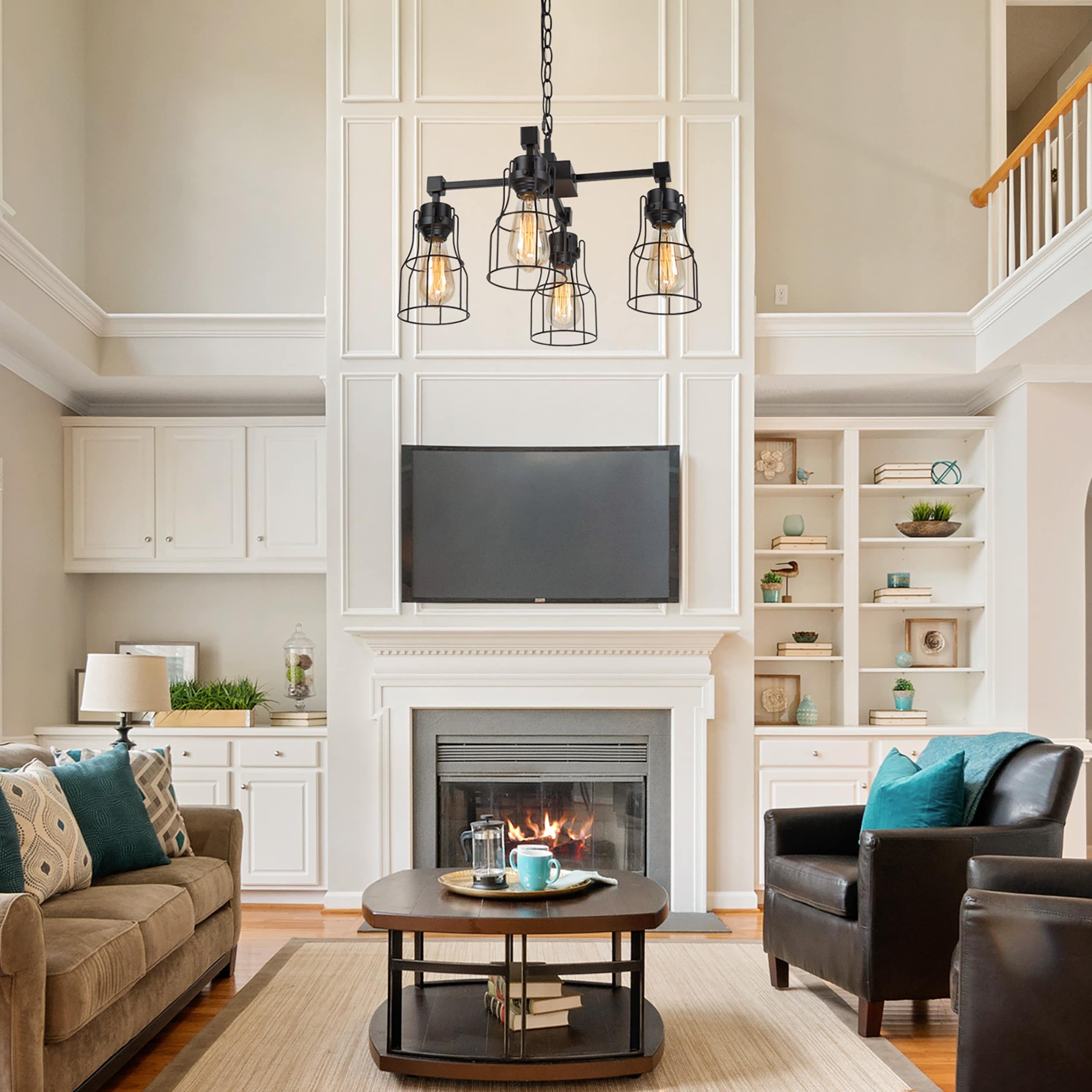 Modern Industrial 4-Light Black Cage Chandelier for Dining Room