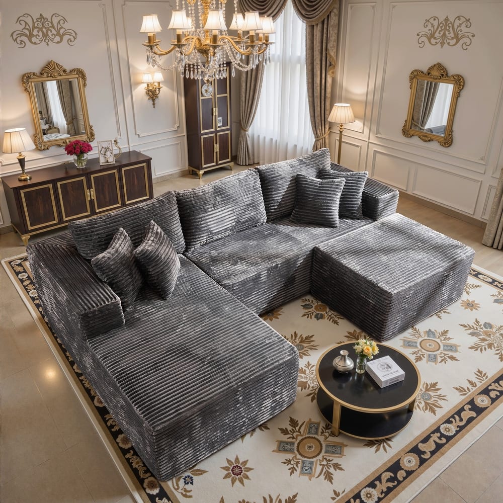 HOOOWOOO Modern Plush Corduroy L-shaped Sofa Chaise Lounge with Ottoman