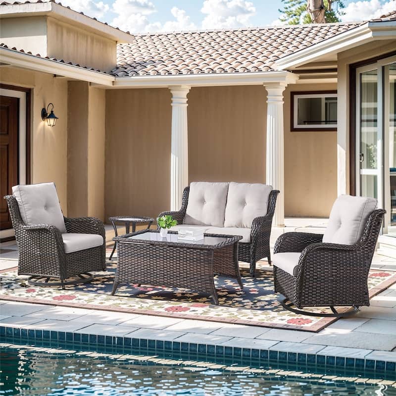 Pocassy 4 Pieces Outdoor 4 Inch Sofa Swivel Chairs Table - Beige cushion - Brown Wicker