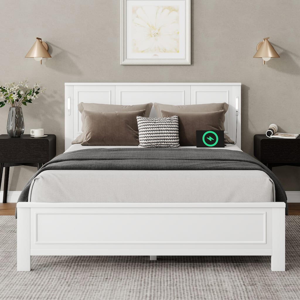 Queen/King Bed with Tall Panel Headboard Pinewood Frame LED Lights USB Ports
